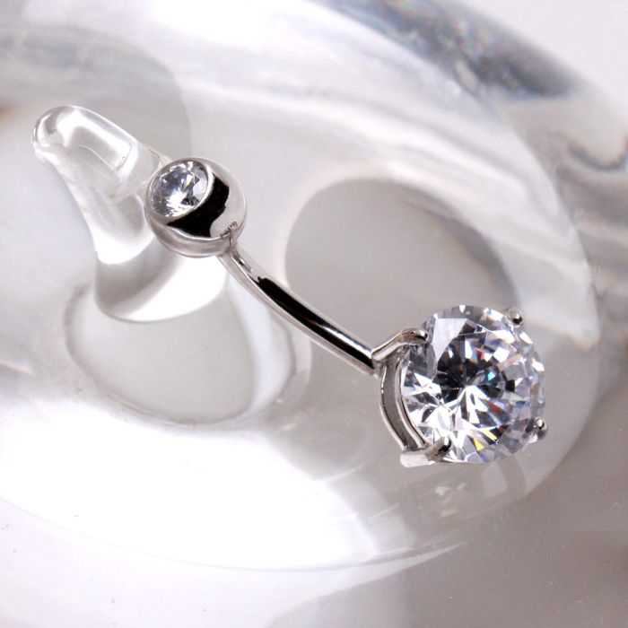 14Kt White Gold Navel Belly Bar Ring with Prong Set